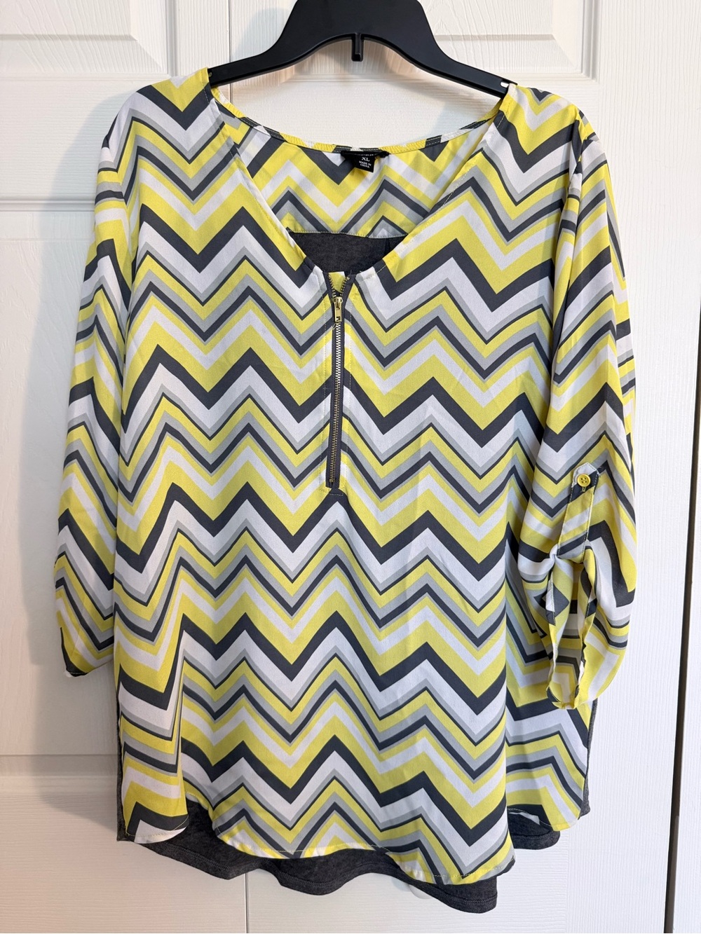 Tacera Chevron Zip-Front Tunic in Yellow, Gray & White